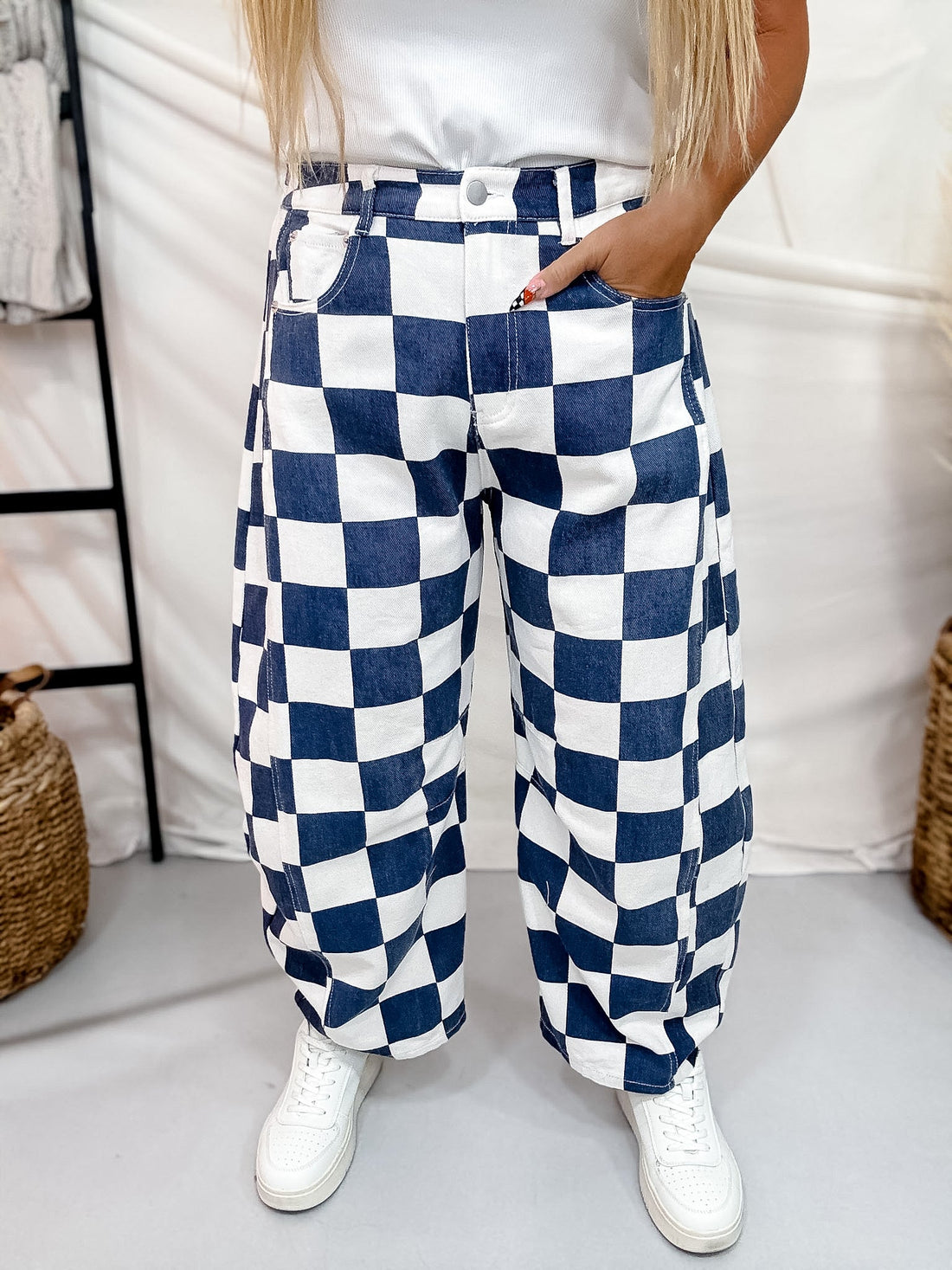 Navy & White Checker Print Barrel Leg Jeans - Whiskey Skies - ODDI