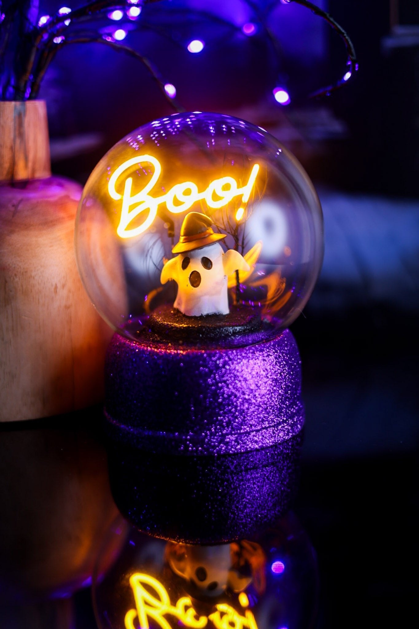 Neon "BOO" Globe With Glittering Purple Base - Whiskey Skies - RAZ IMPORTS