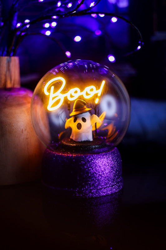 Neon "BOO" Globe With Glittering Purple Base - Whiskey Skies - RAZ IMPORTS