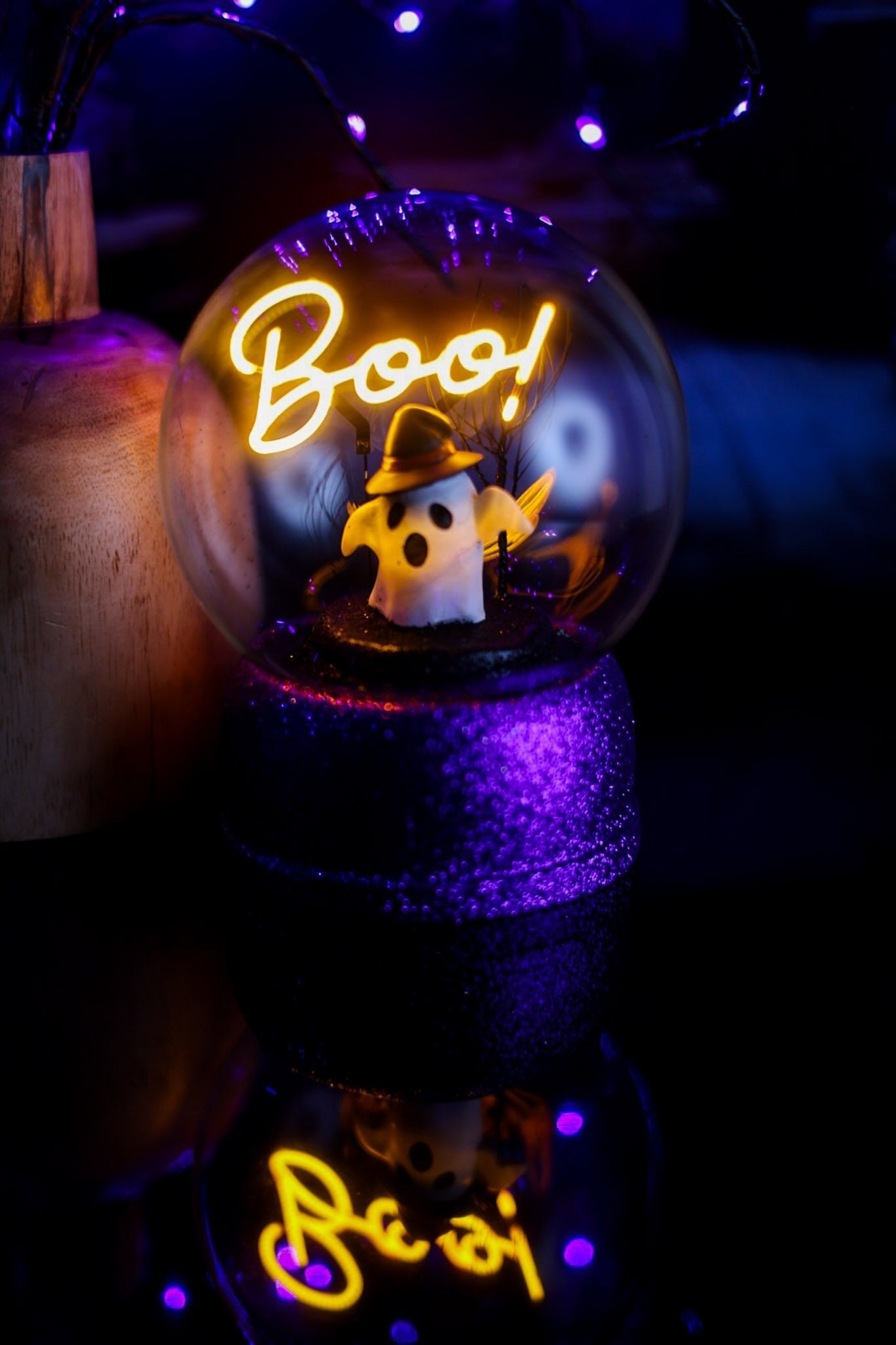 Neon "BOO" Globe With Glittering Purple Base - Whiskey Skies - RAZ IMPORTS