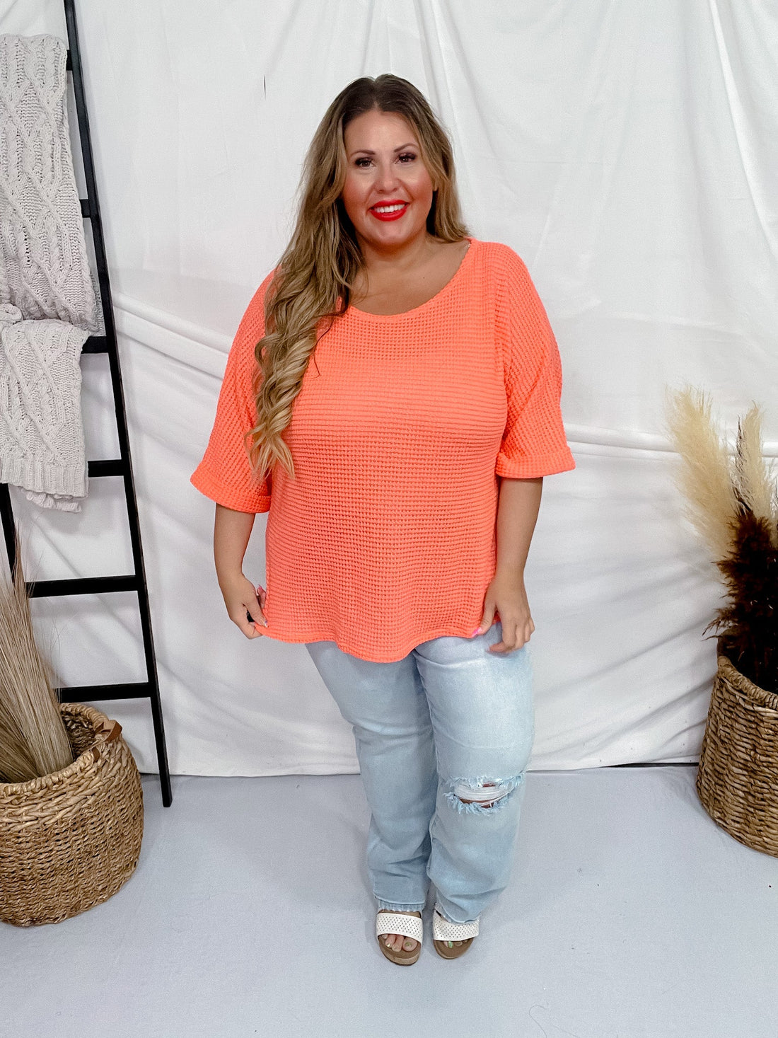 Neon Coral 3/4 Sleeve Knit Tunic Top - Whiskey Skies - ANDREE BY UNIT