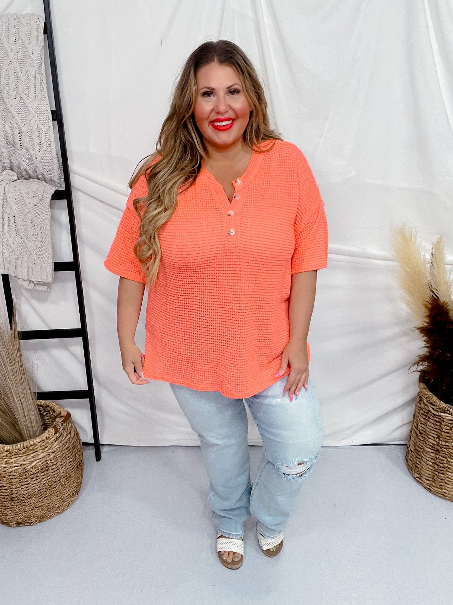 Neon Coral Half Sleeve Crochet Knit Top - Whiskey Skies - ANDREE BY UNIT