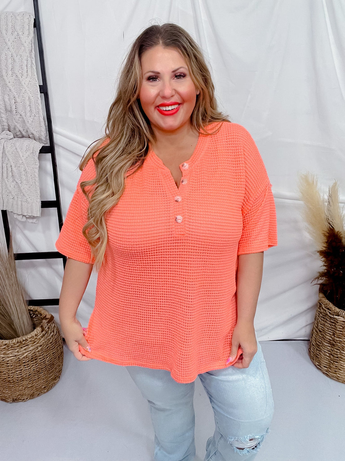 Neon Coral Half Sleeve Crochet Knit Top - Whiskey Skies - ANDREE BY UNIT