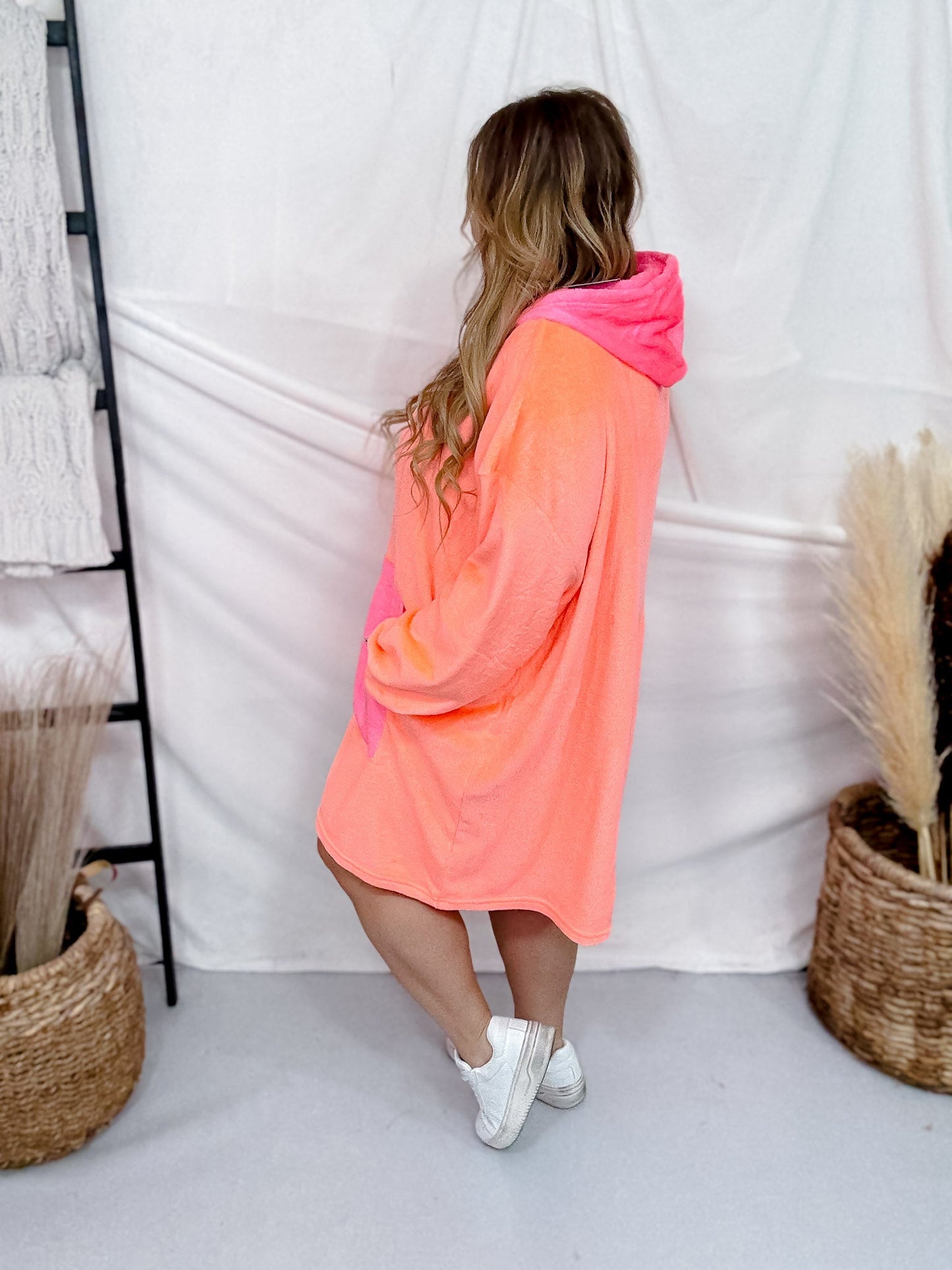 Neon Coral Long Sleeve Long Hooded Loungewear Top - Whiskey Skies - J.NNA