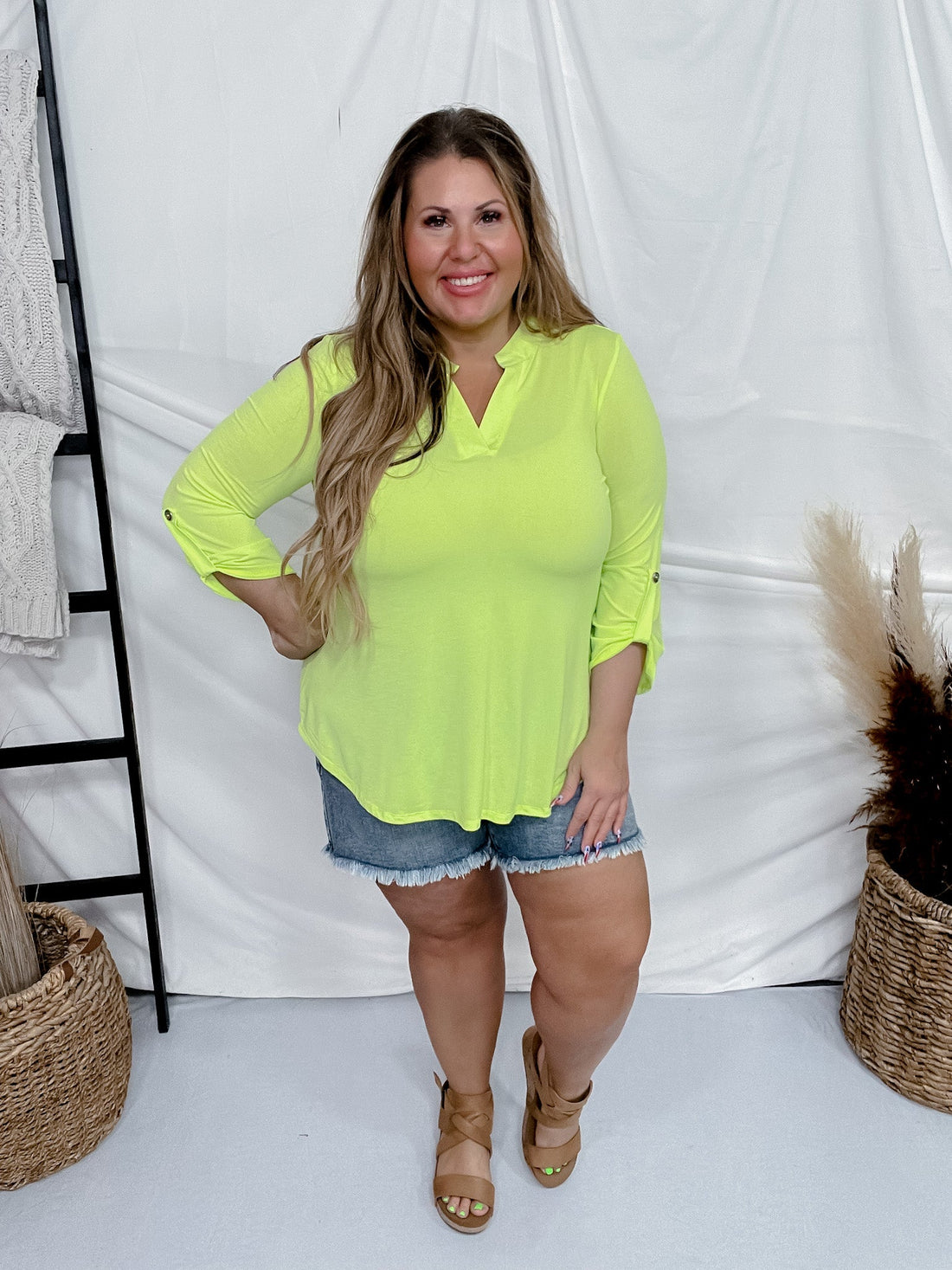 Neon Green Lizzy 3/4 Sleeve Top - Whiskey Skies - DEAR SCARLETT