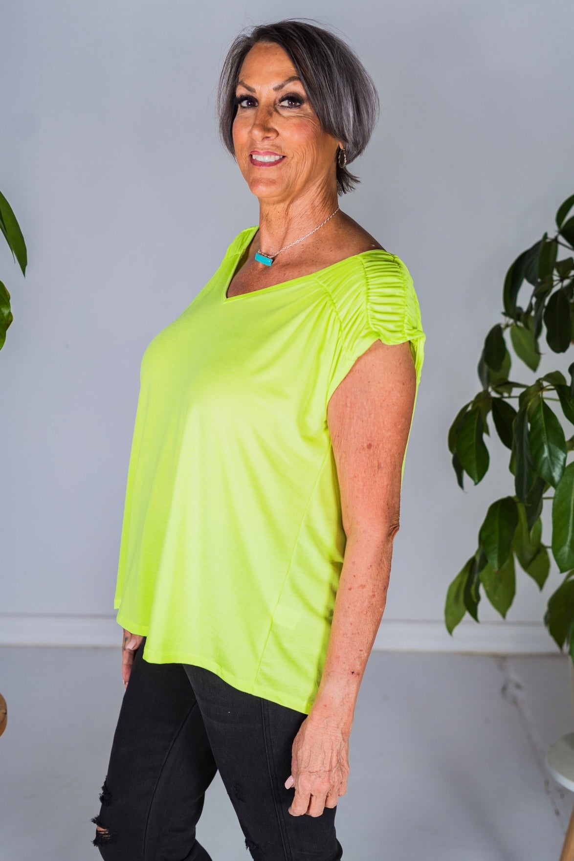 Neon Green Ruched Sleeve V-Neck Top - Whiskey Skies - DEAR SCARLETT