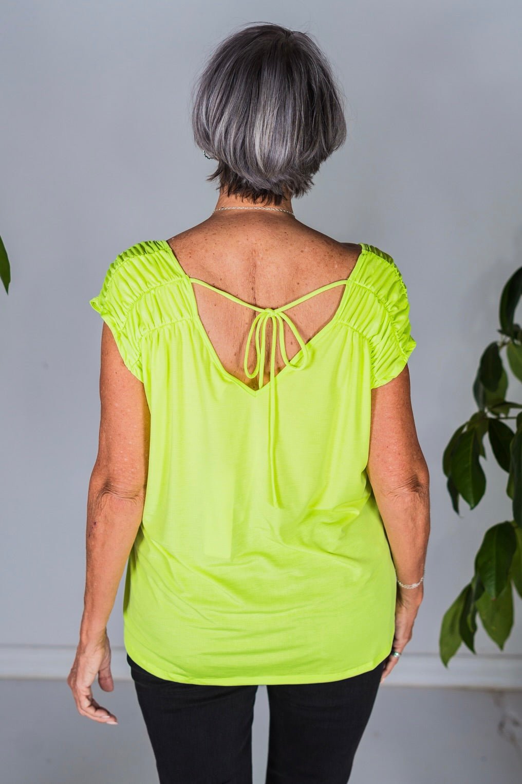 Neon Green Ruched Sleeve V-Neck Top - Whiskey Skies - DEAR SCARLETT