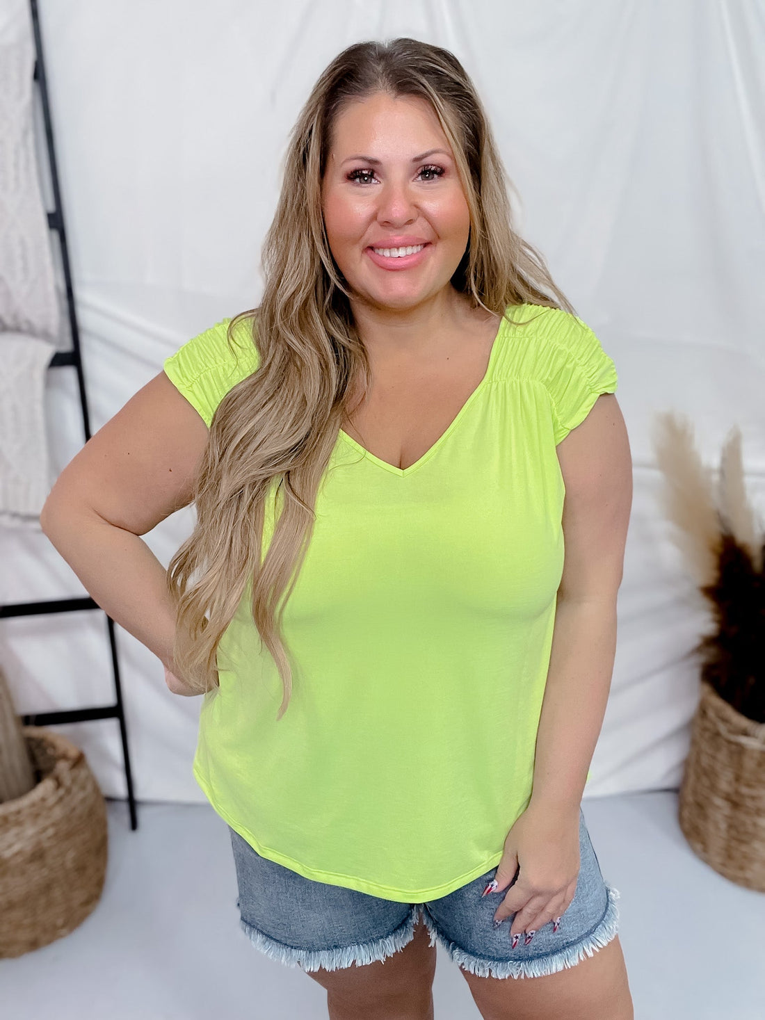 Neon Green Ruched Sleeve V-Neck Top - Whiskey Skies - DEAR SCARLETT