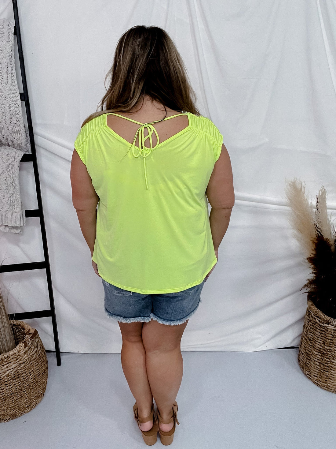 Neon Green Ruched Sleeve V-Neck Top - Whiskey Skies - DEAR SCARLETT