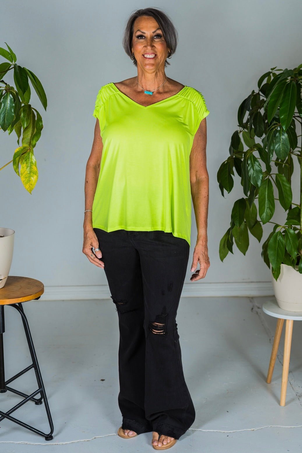 Neon Green Ruched Sleeve V-Neck Top - Whiskey Skies - DEAR SCARLETT