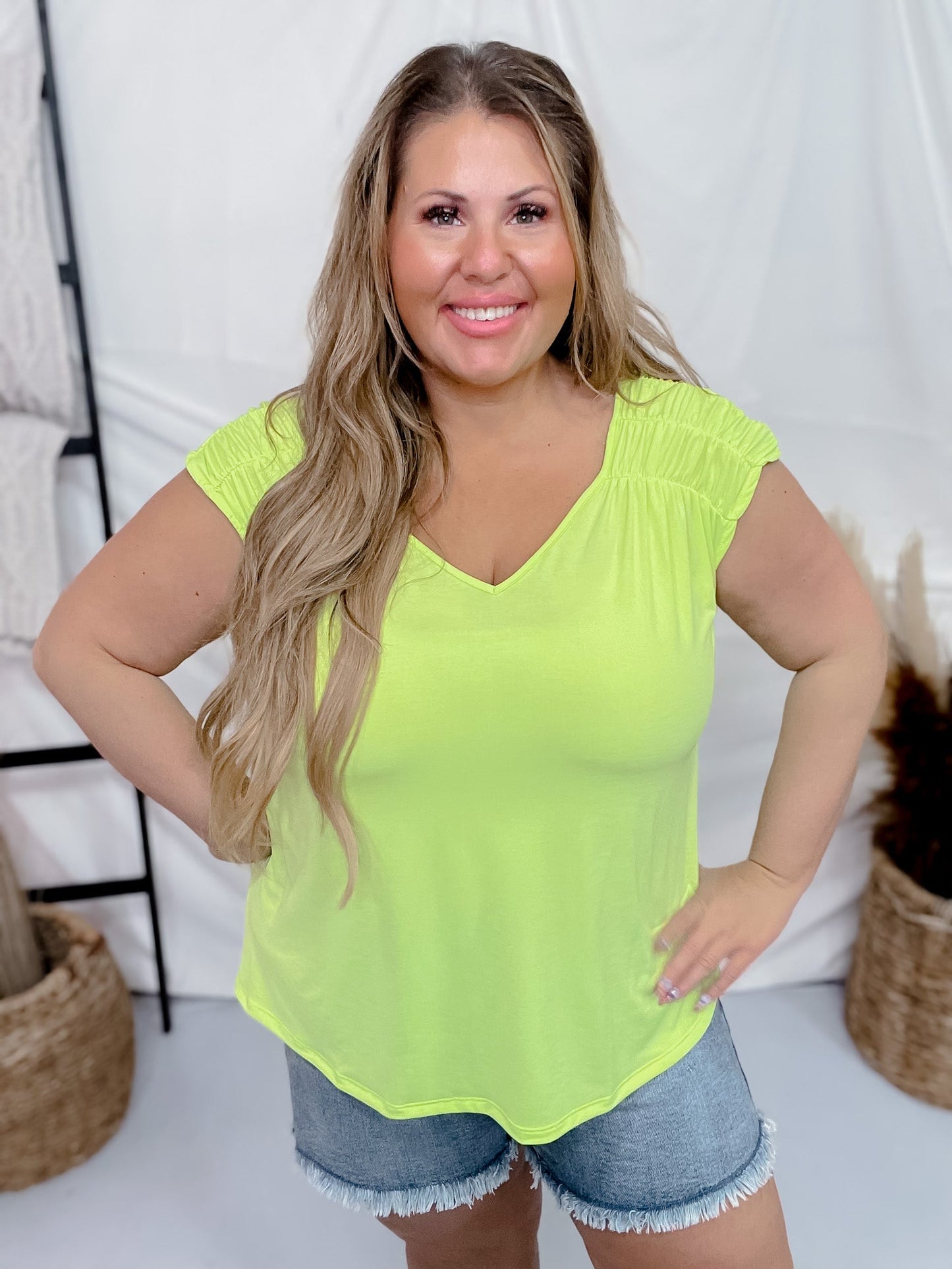 Neon Green Ruched Sleeve V-Neck Top - Whiskey Skies - DEAR SCARLETT