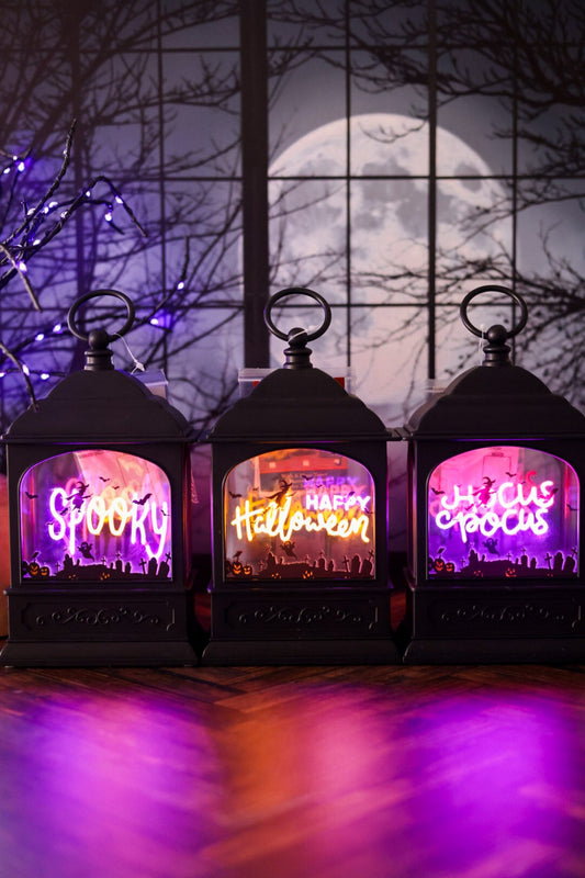 Neon Lighted Halloween Lantern W/ Timer (3 Styles) - Whiskey Skies - GERSON COMPANIES