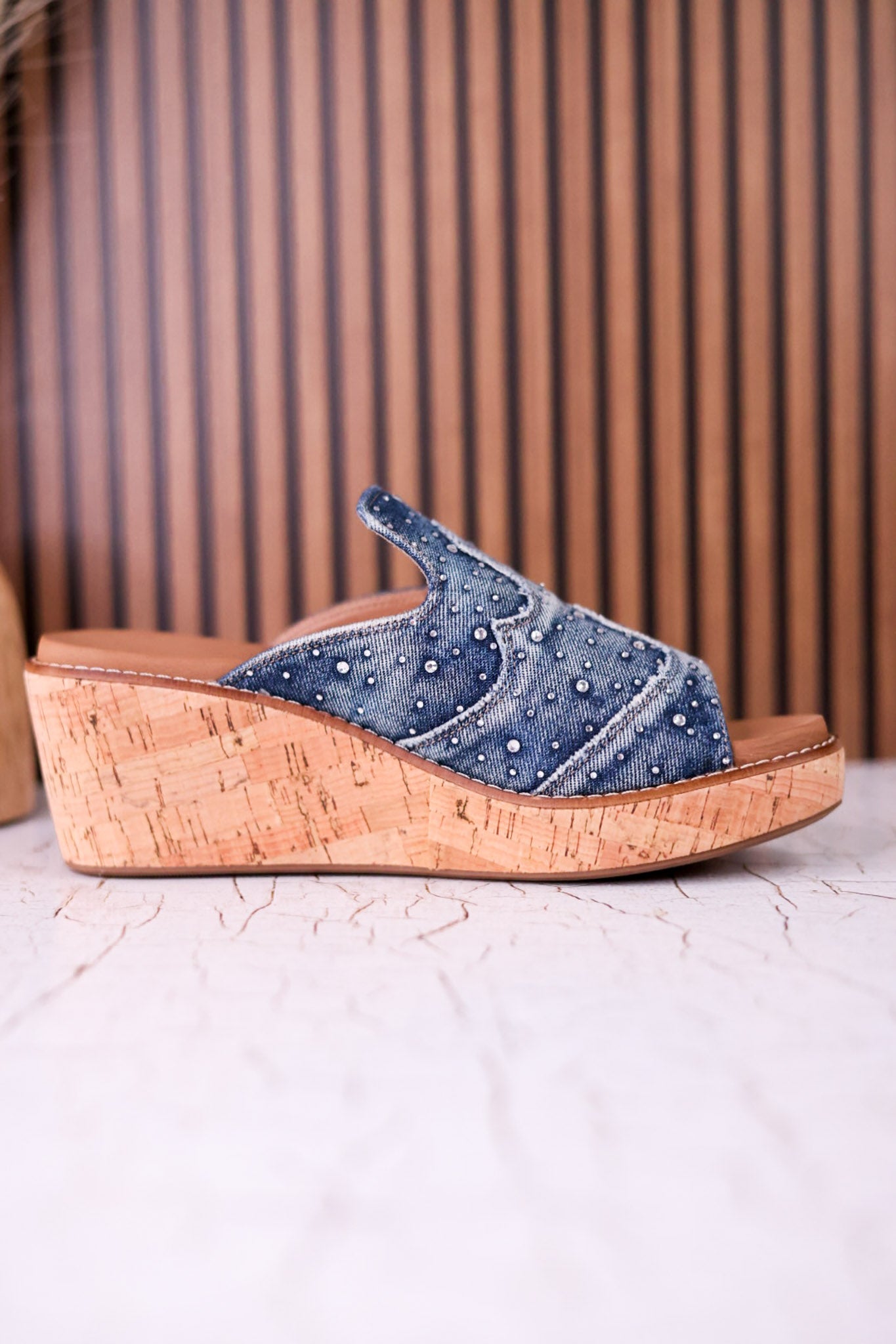 Neon Moon Blue Denim & Rhinestone Wedges - Whiskey Skies - CORKYS FOOTWEAR