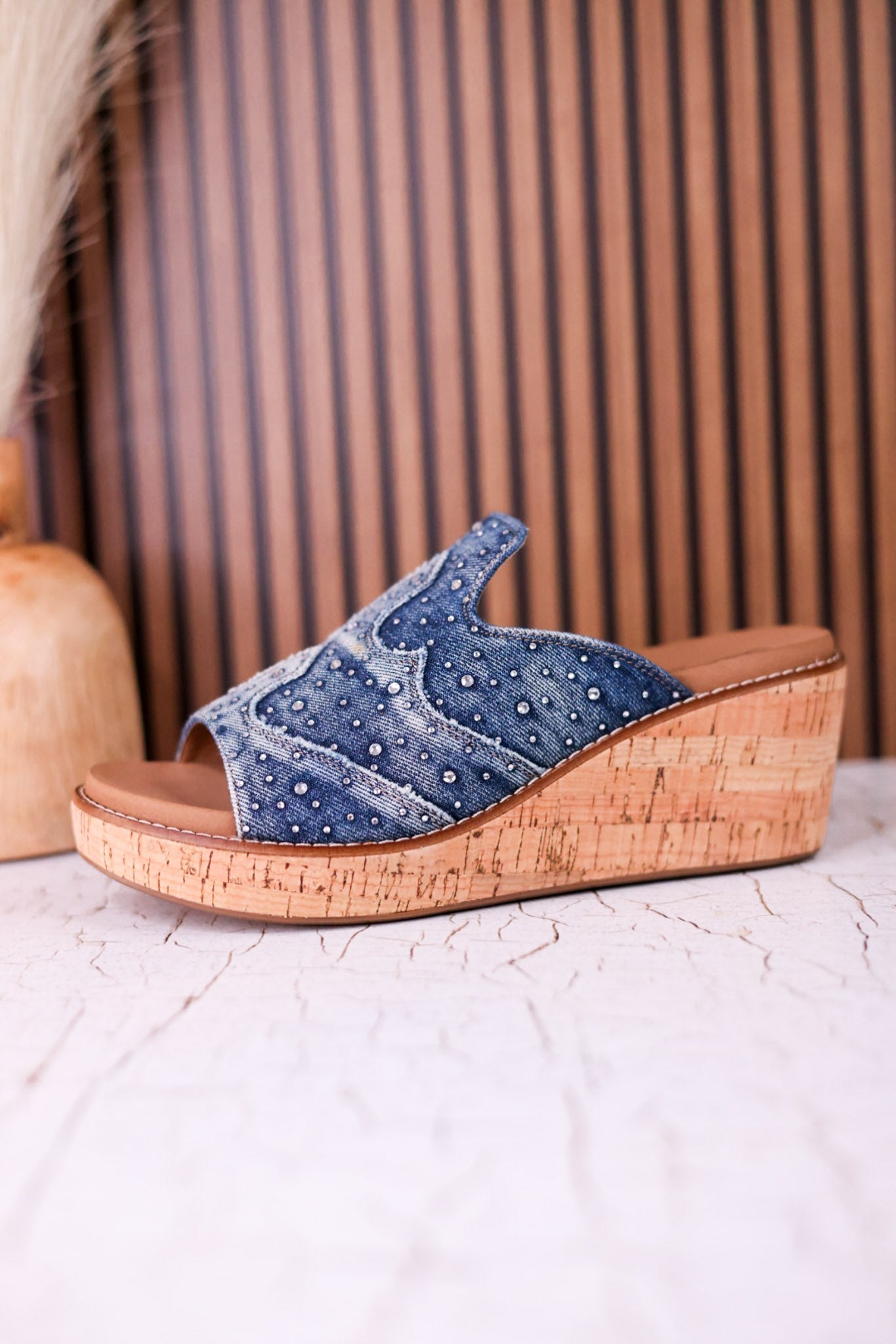 Neon Moon Blue Denim & Rhinestone Wedges - Whiskey Skies - CORKYS FOOTWEAR