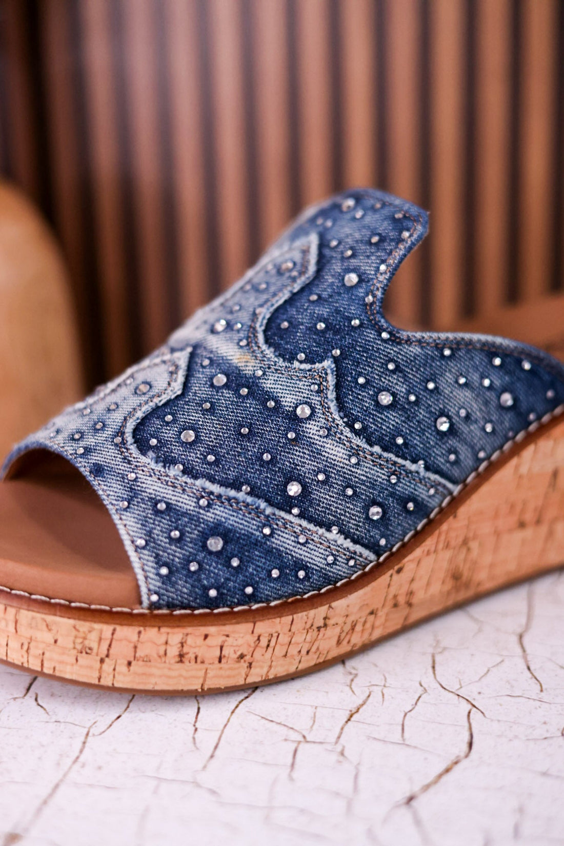 Neon Moon Blue Denim & Rhinestone Wedges - Whiskey Skies - CORKYS FOOTWEAR