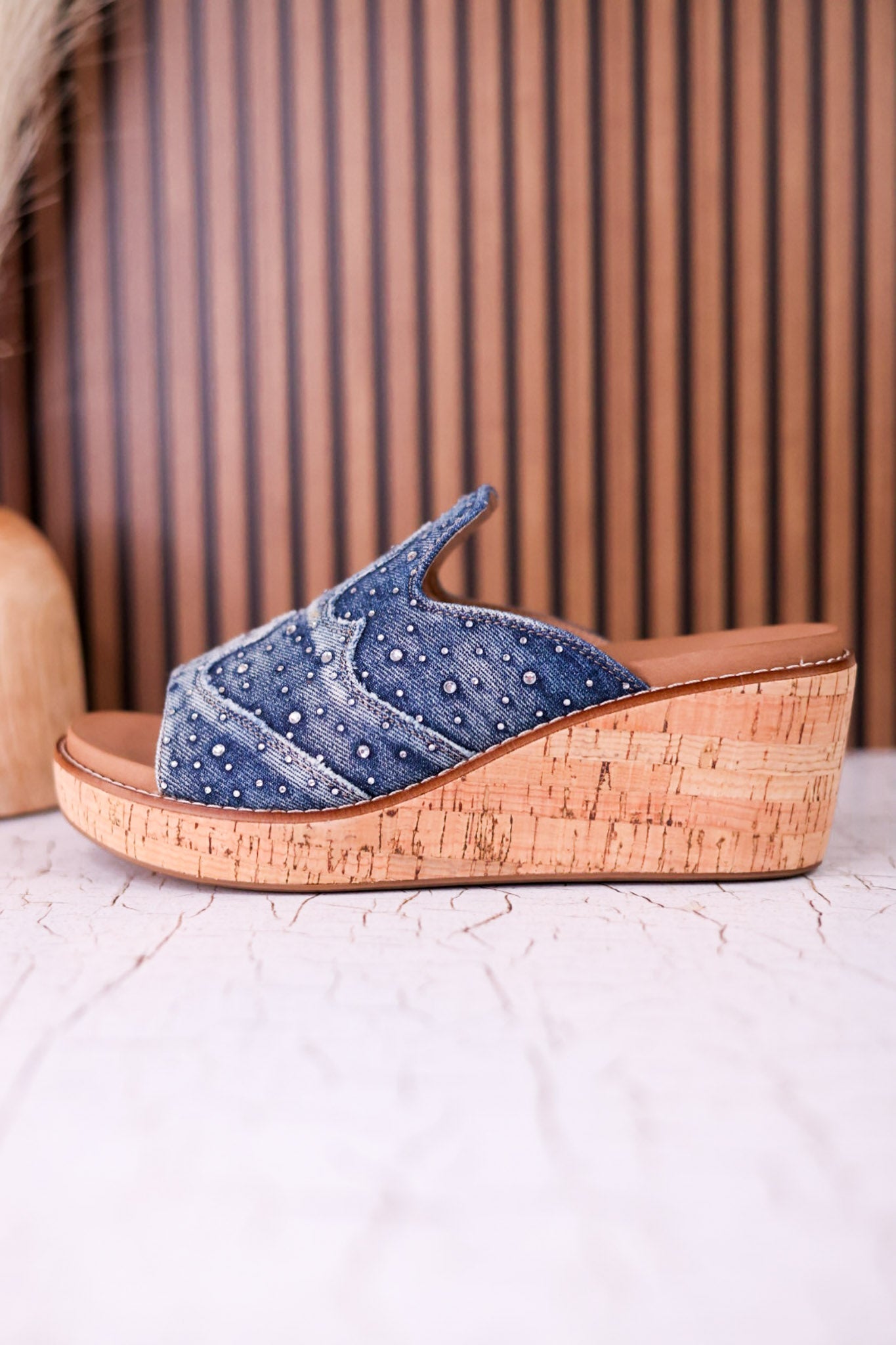 Neon Moon Blue Denim & Rhinestone Wedges - Whiskey Skies - CORKYS FOOTWEAR