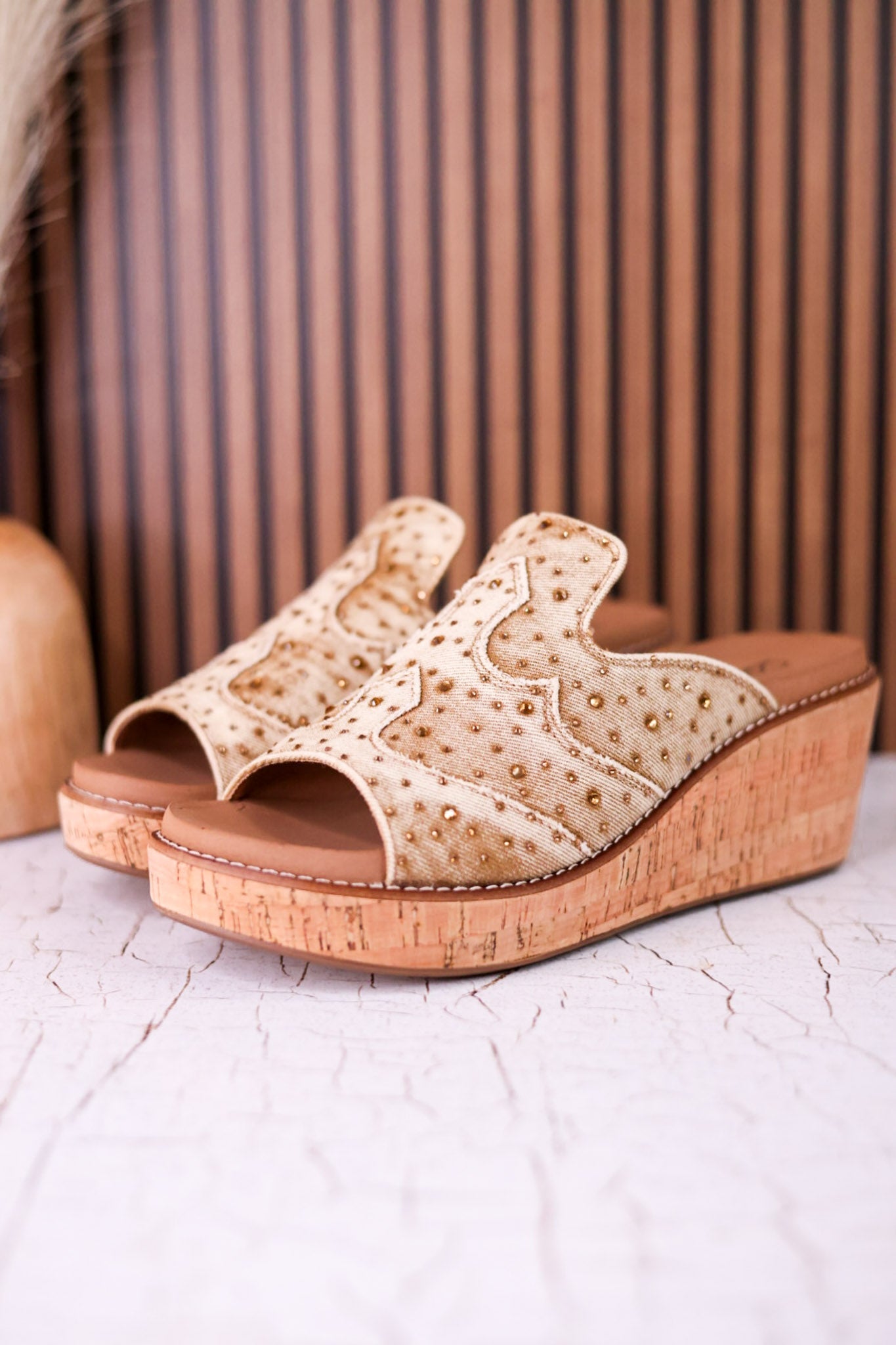 Neon Moon Tan Denim & Rhinestone Wedges - Whiskey Skies - CORKYS FOOTWEAR