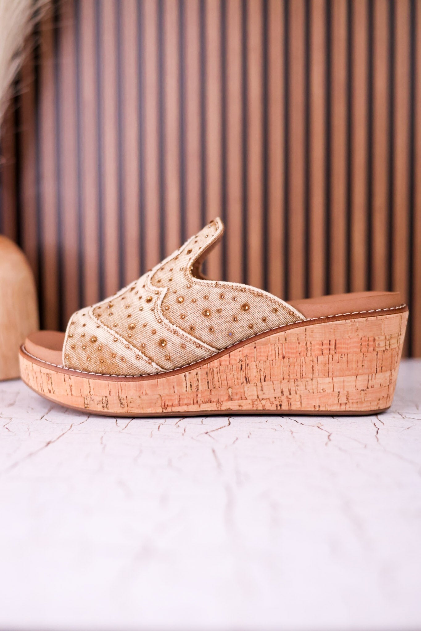 Neon Moon Tan Denim & Rhinestone Wedges - Whiskey Skies - CORKYS FOOTWEAR