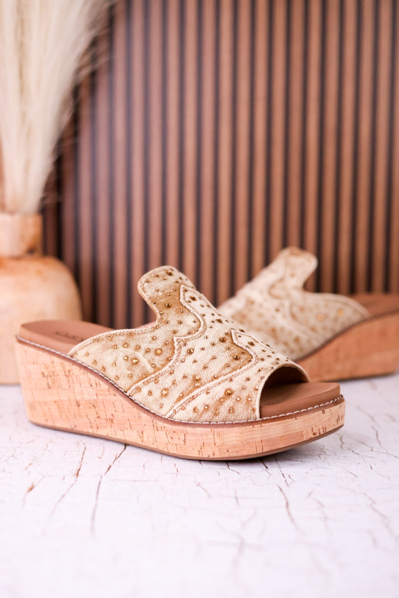 Neon Moon Tan Denim & Rhinestone Wedges - Whiskey Skies - CORKYS FOOTWEAR