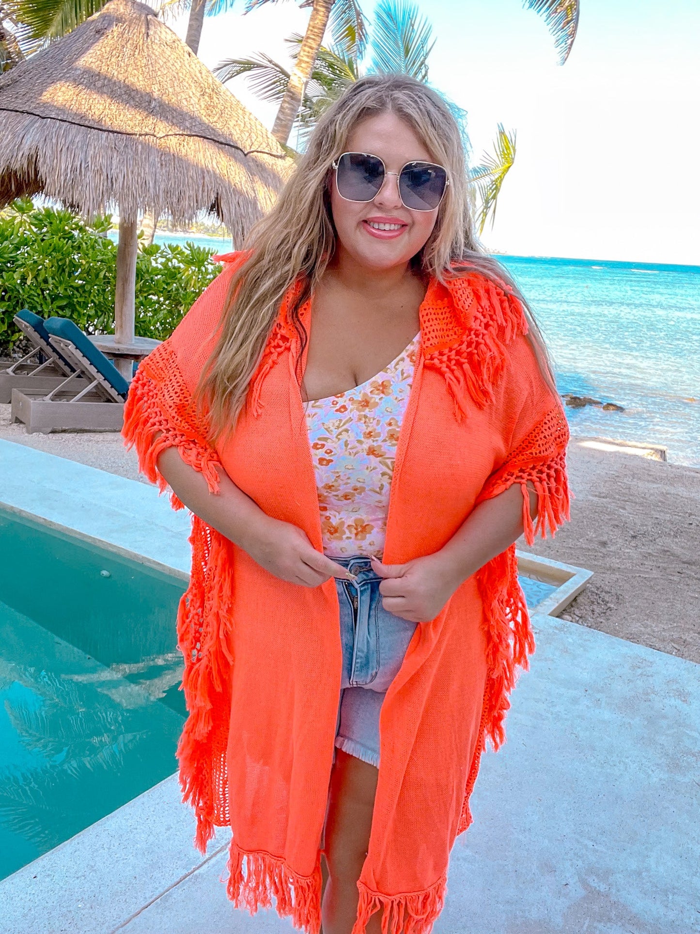 Neon Orange Crochet Hoodie Cover Up - Whiskey Skies - DAVI & DANI