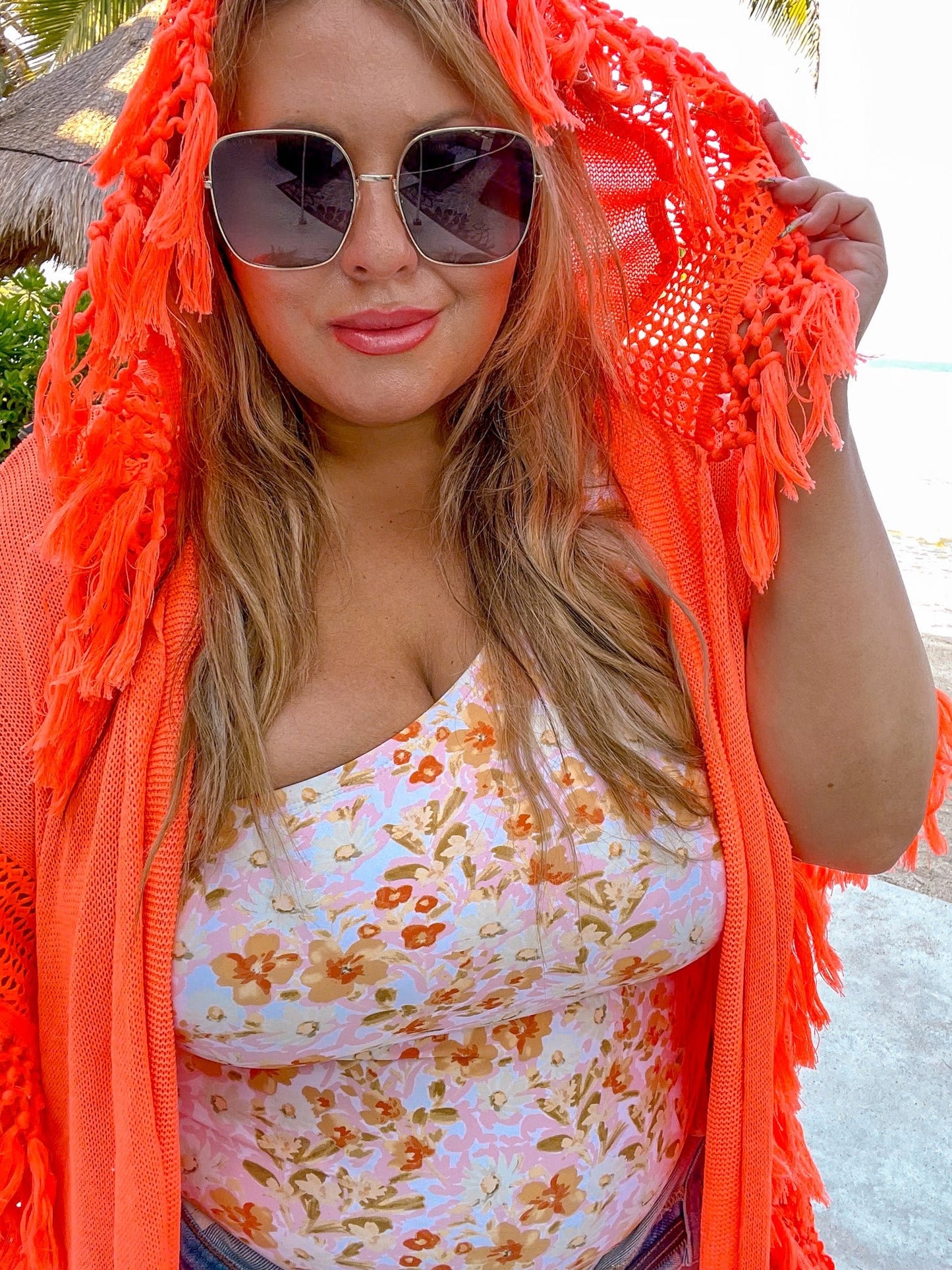 Neon Orange Crochet Hoodie Cover Up - Whiskey Skies - DAVI & DANI