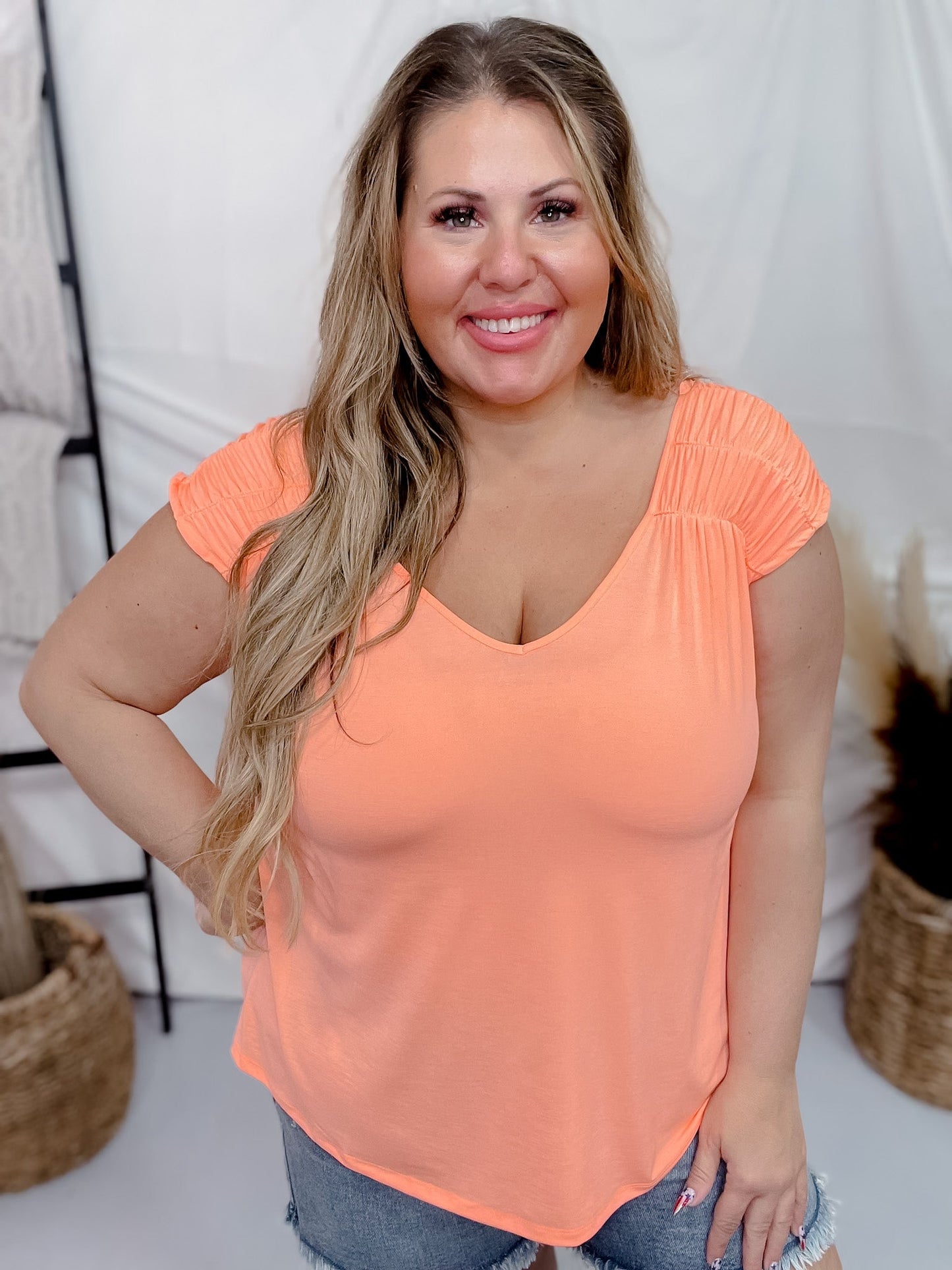 Neon Orange Ruched Sleeve V-Neck Top - Whiskey Skies - DEAR SCARLETT