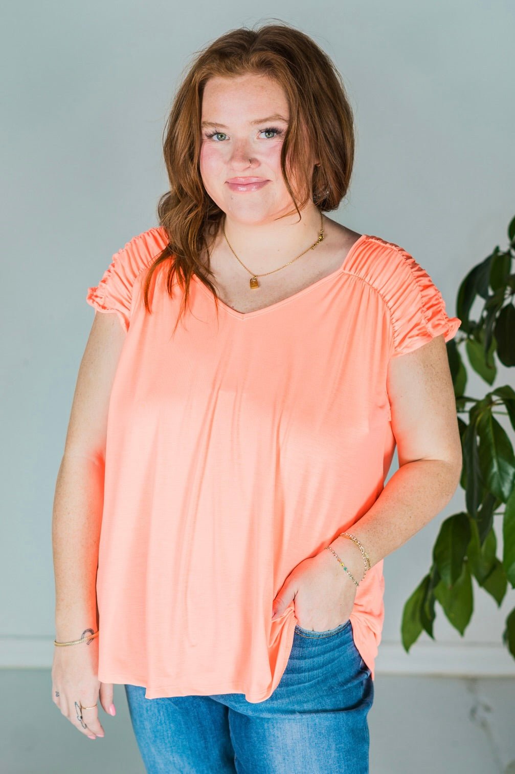 Neon Orange Ruched Sleeve V-Neck Top - Whiskey Skies - DEAR SCARLETT