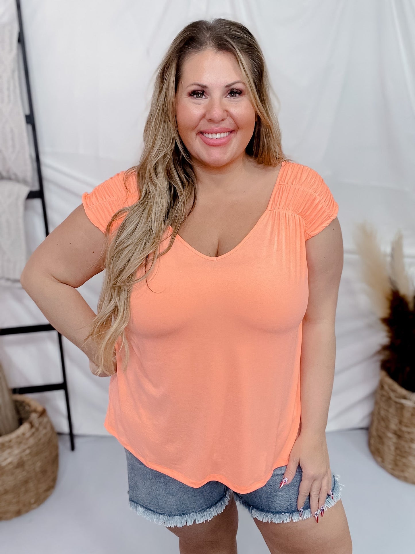 Neon Orange Ruched Sleeve V-Neck Top - Whiskey Skies - DEAR SCARLETT