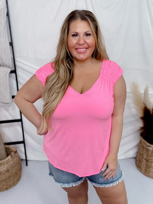 Neon Pink Ruched Sleeve V-Neck Top - Whiskey Skies - DEAR SCARLETT