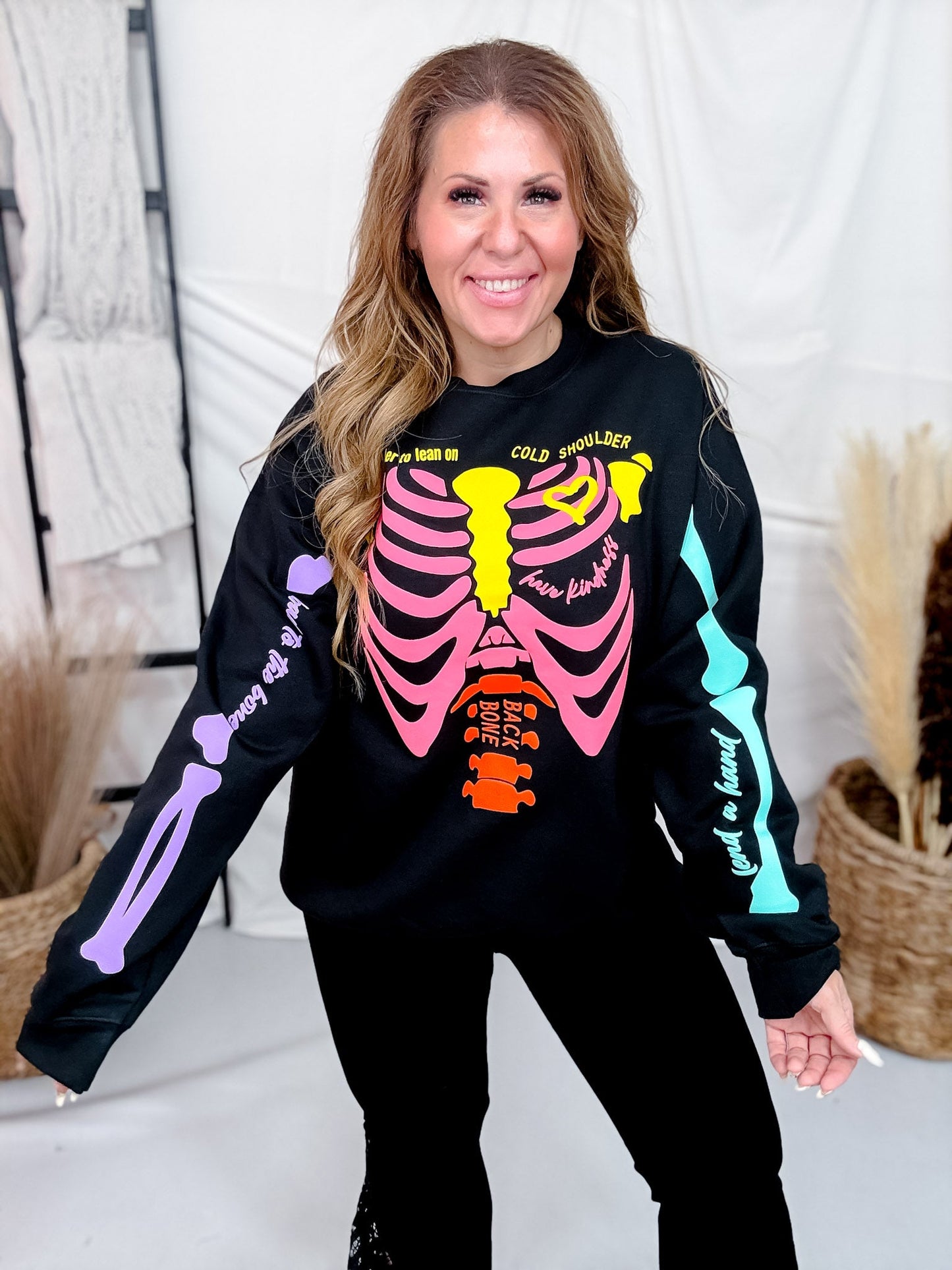 Neon Skeleton Graphic Sweatshirt - Whiskey Skies - SOUTHERN BLISS COMPANY