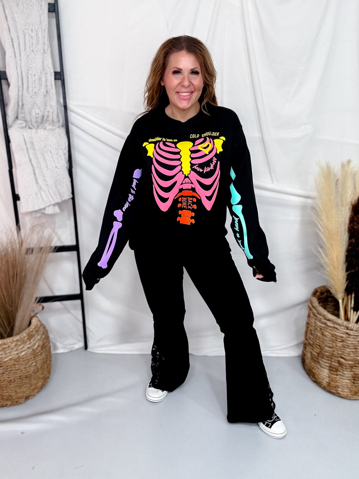 Neon Skeleton Graphic Sweatshirt - Whiskey Skies - SOUTHERN BLISS COMPANY