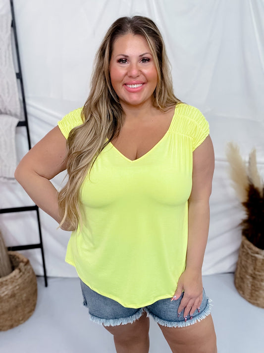 Neon Yellow Ruched Sleeve V-Neck Top - Whiskey Skies - DEAR SCARLETT