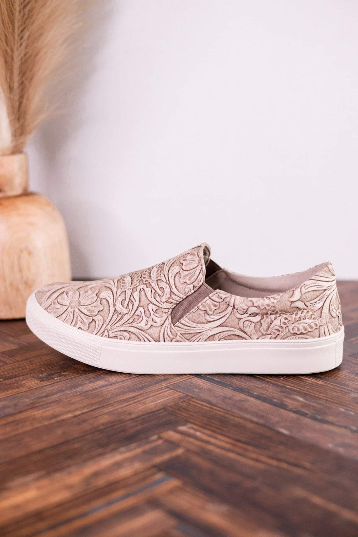 Nova Taupe Floral Tooled Slip On Tennis Shoe - Whiskey Skies - VERY G