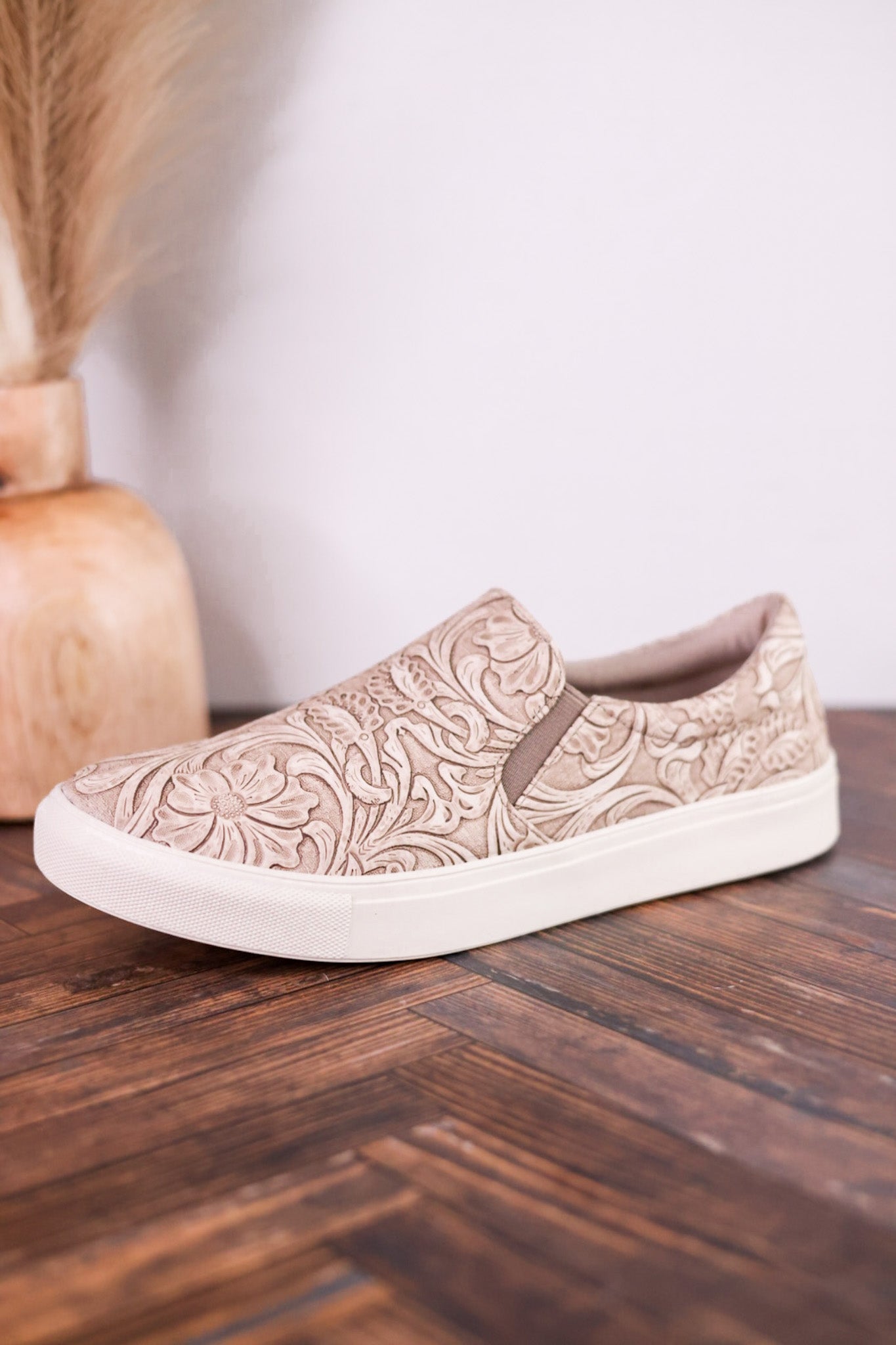 Nova Taupe Floral Tooled Slip On Tennis Shoe - Whiskey Skies - VERY G