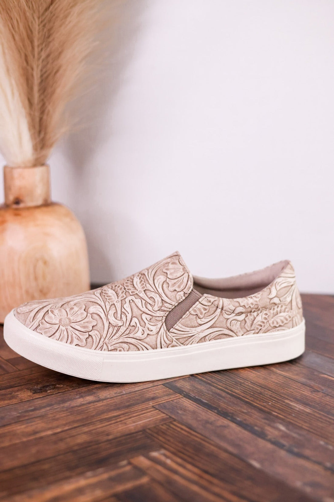 Nova Taupe Floral Tooled Slip On Tennis Shoe - Whiskey Skies - VERY G