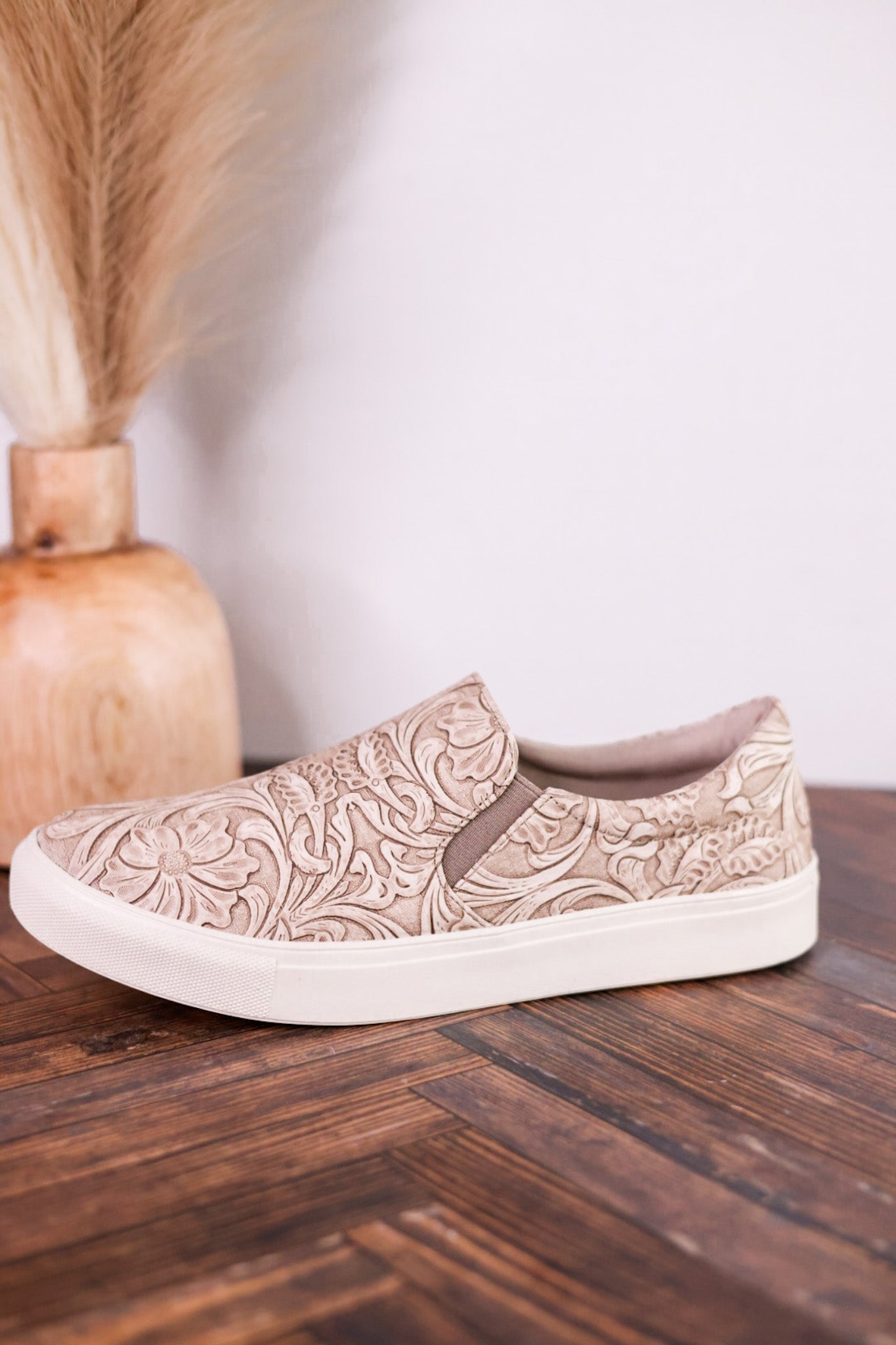 Nova Taupe Floral Tooled Slip On Tennis Shoe - Whiskey Skies - VERY G