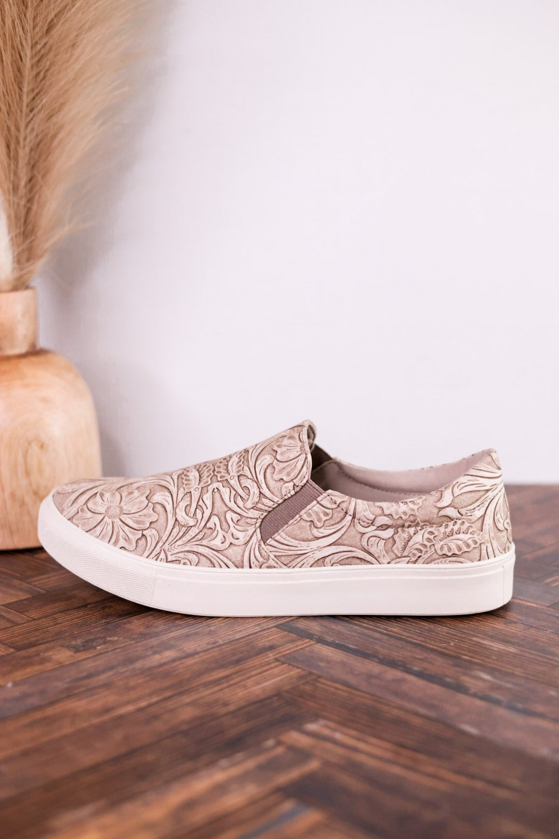 Nova Taupe Floral Tooled Slip On Tennis Shoe - Whiskey Skies - VERY G