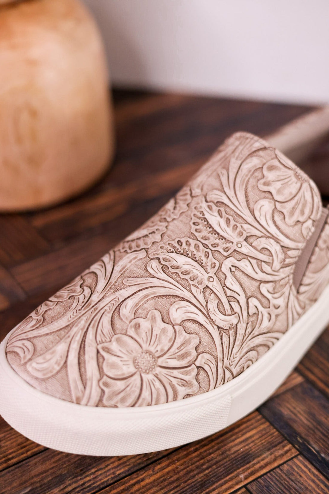 Nova Taupe Floral Tooled Slip On Tennis Shoe - Whiskey Skies - VERY G