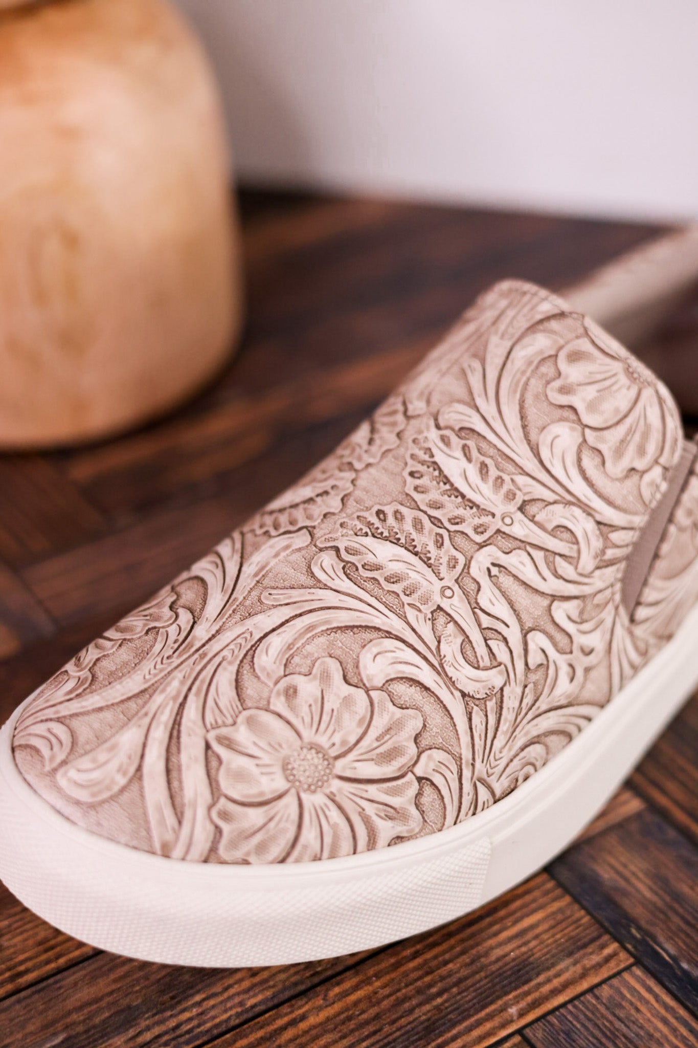 Nova Taupe Floral Tooled Slip On Tennis Shoe - Whiskey Skies - VERY G