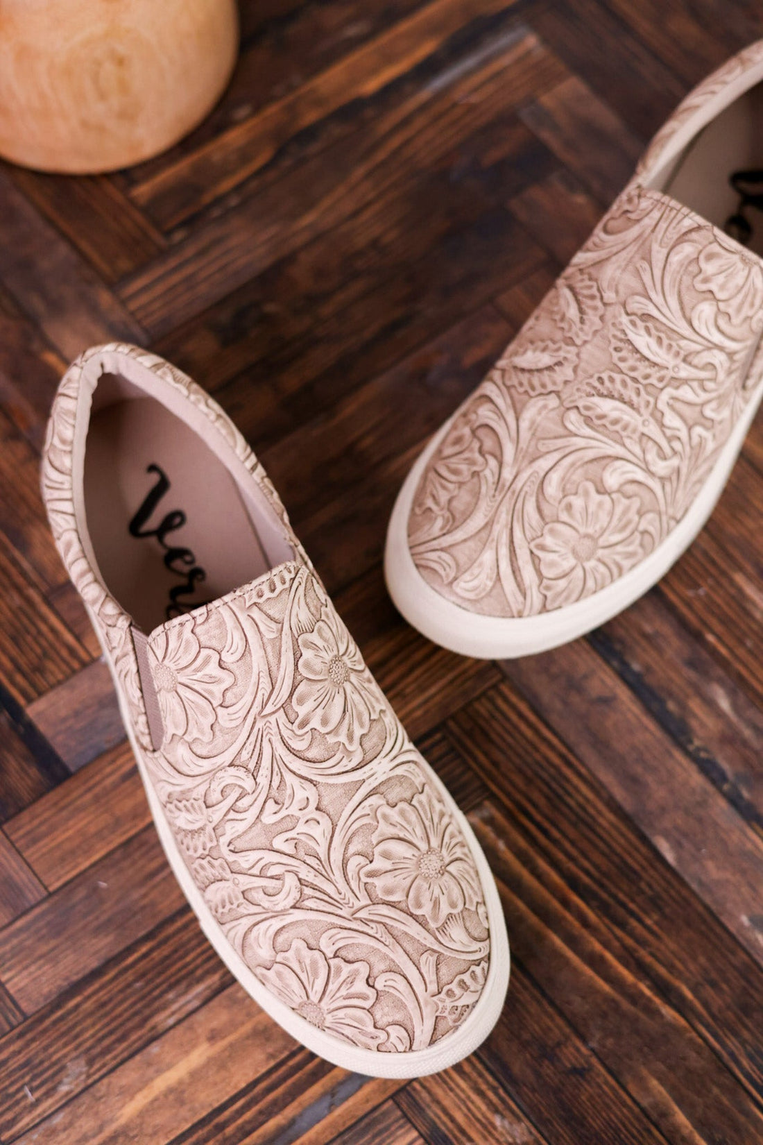Nova Taupe Floral Tooled Slip On Tennis Shoe - Whiskey Skies - VERY G