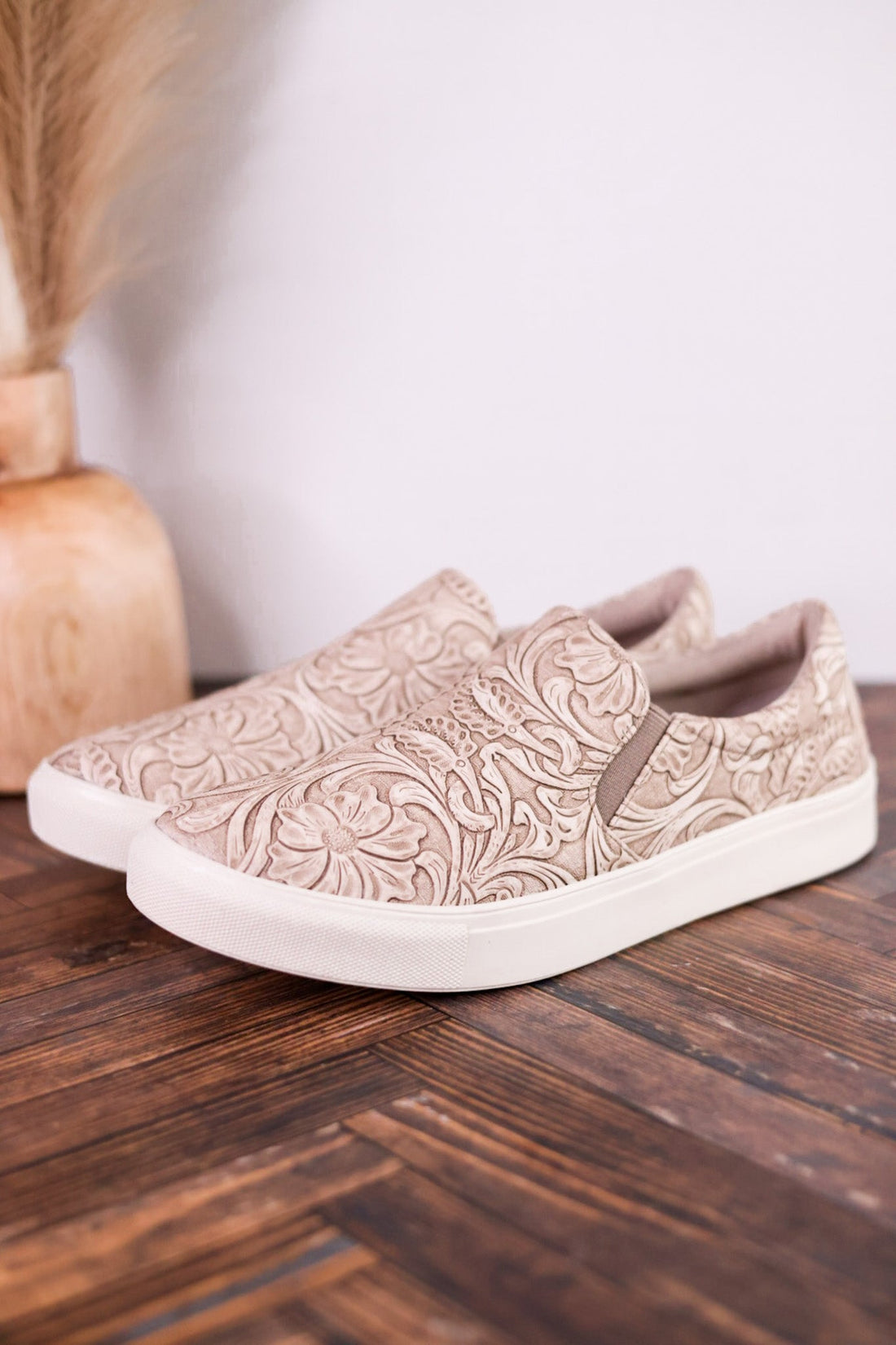 Nova Taupe Floral Tooled Slip On Tennis Shoe - Whiskey Skies - VERY G