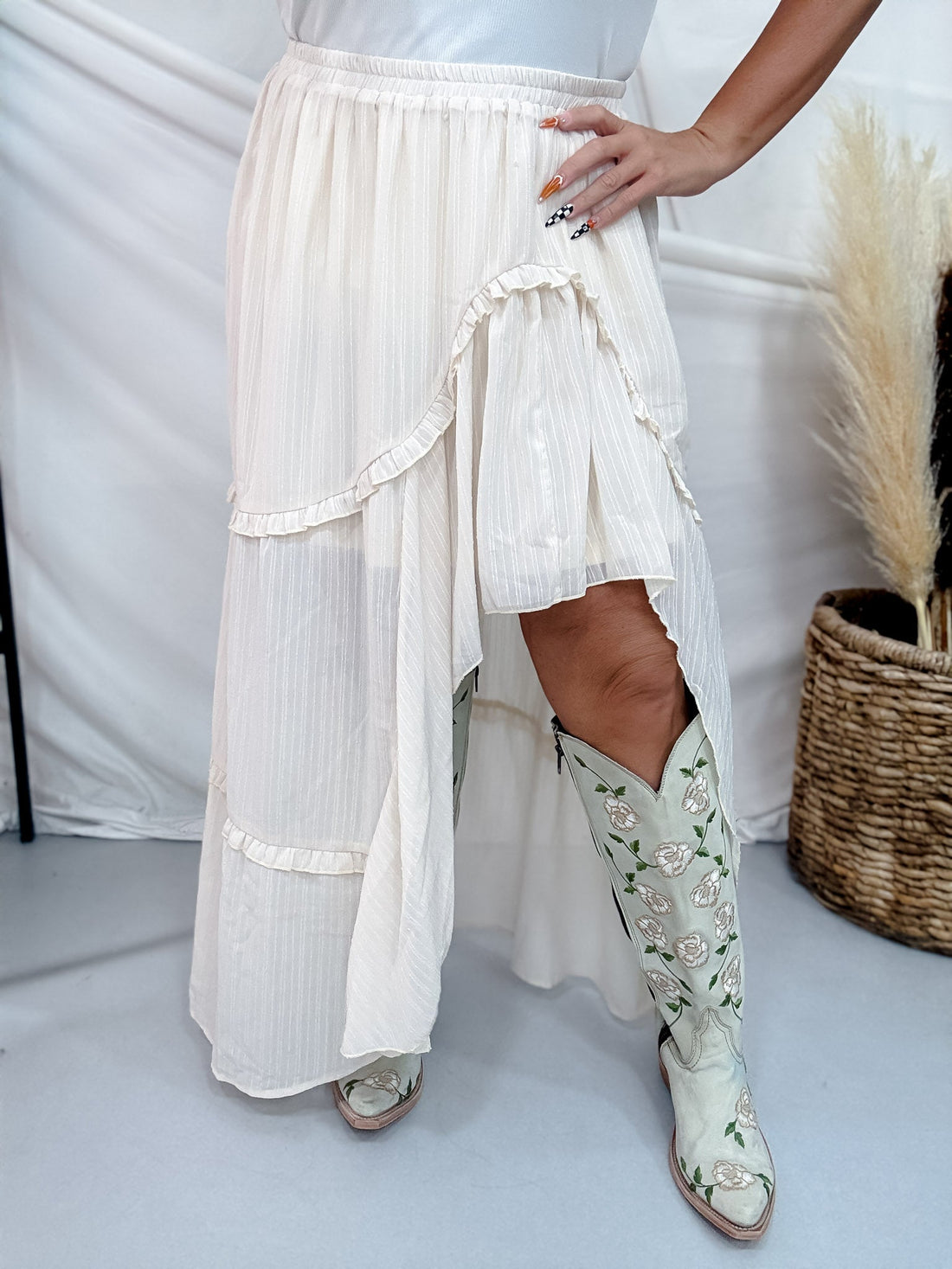 Nude Pinstriped Woven Ruffle High-Low Skirt - Whiskey Skies - POLAGRAM + BAEVELY