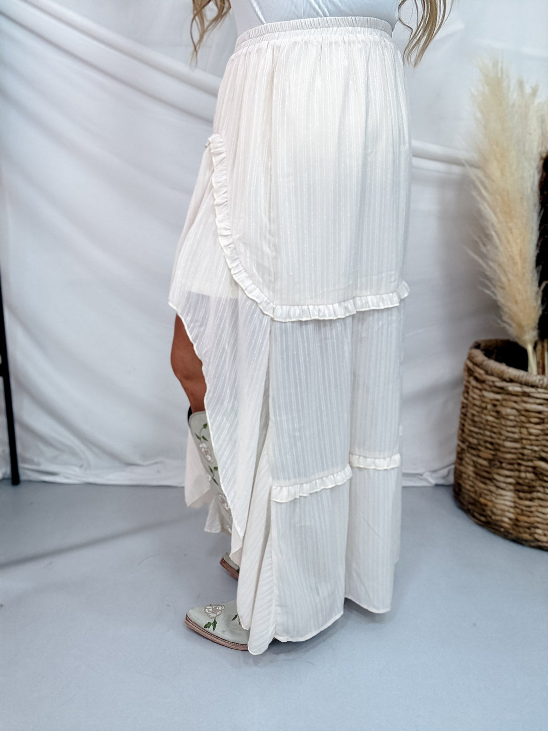 Nude Pinstriped Woven Ruffle High-Low Skirt - Whiskey Skies - POLAGRAM + BAEVELY