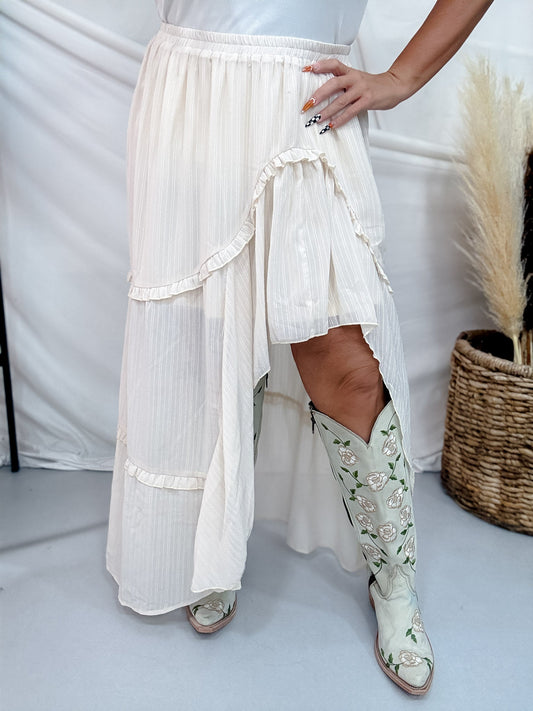 Nude Pinstriped Woven Ruffle High-Low Skirt - Whiskey Skies - POLAGRAM + BAEVELY