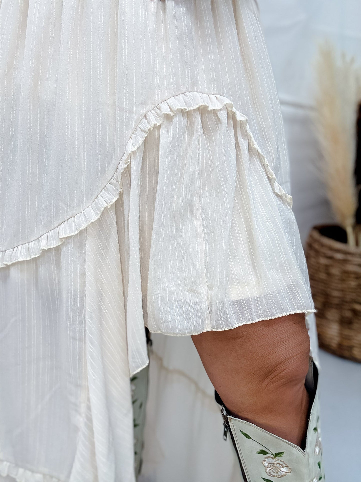 Nude Pinstriped Woven Ruffle High-Low Skirt - Whiskey Skies - POLAGRAM + BAEVELY