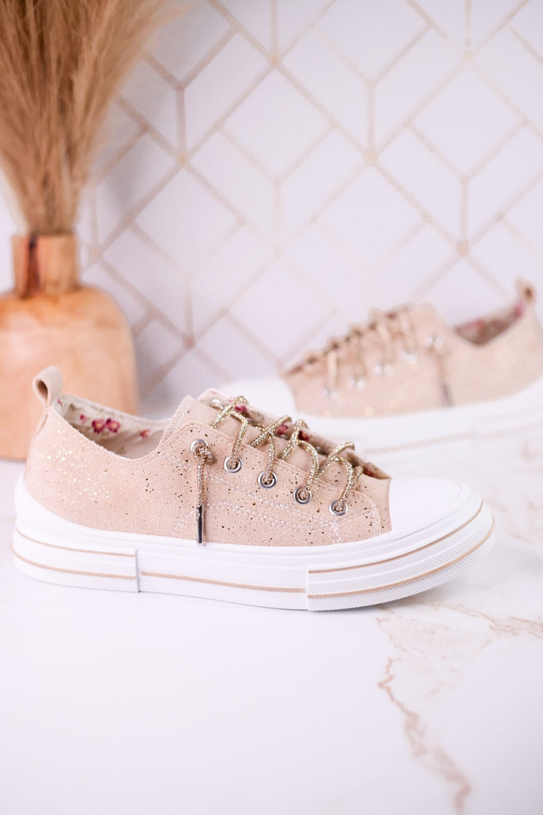 Nude Suede Aman Sneakers With Metallic Splash - Whiskey Skies - VERY G