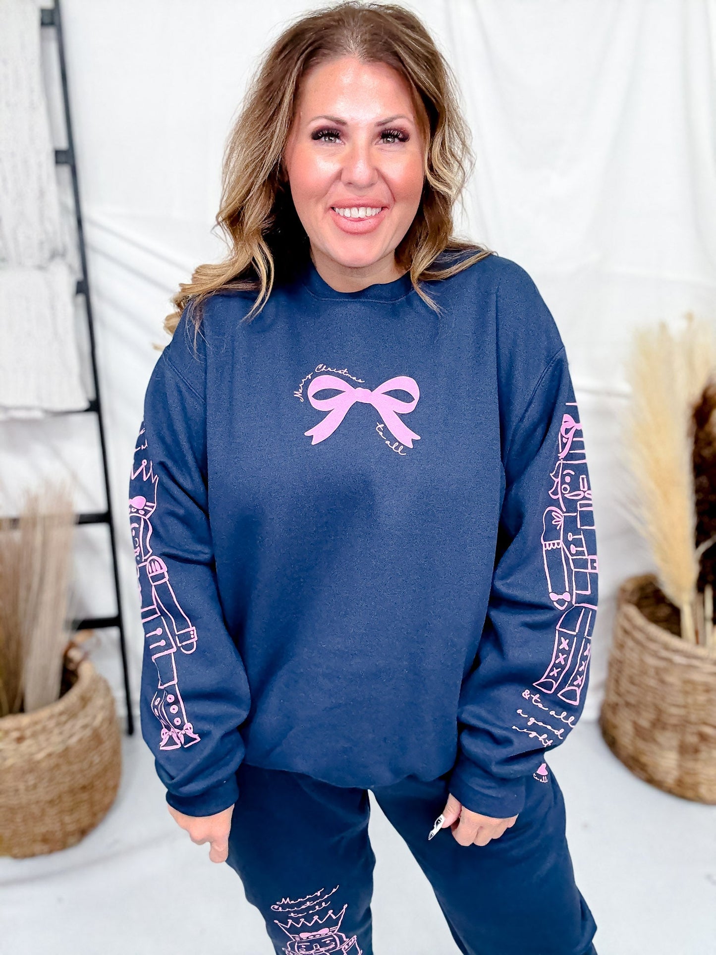 Nutcracker Bows Navy Sweatshirt - Whiskey Skies - SOUTHERN BLISS COMPANY