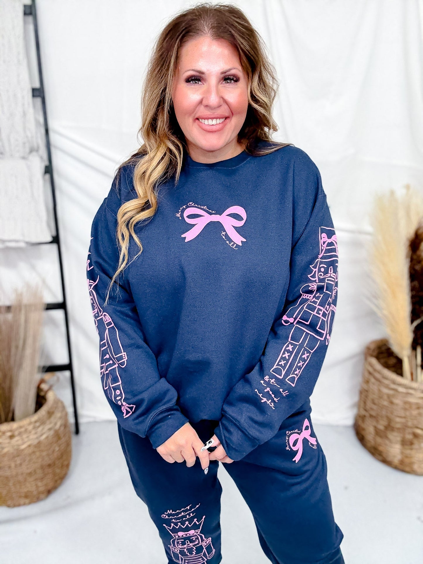 Nutcracker Bows Navy Sweatshirt - Whiskey Skies - SOUTHERN BLISS COMPANY