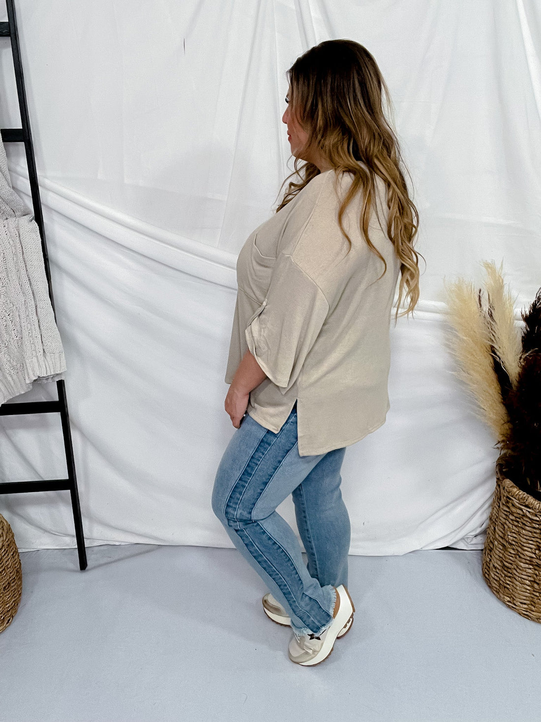 Oatmeal 3/4 Sleeve Boxy Top - Whiskey Skies - ANDREE BY UNIT