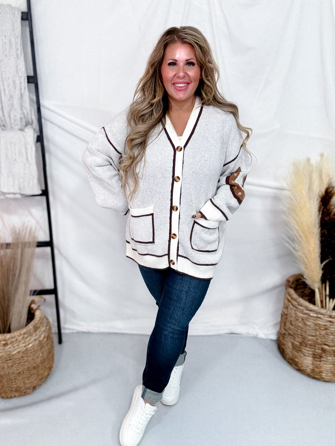 Oatmeal & Brown Button Down Horse Cardigan - Whiskey Skies - J.NNA
